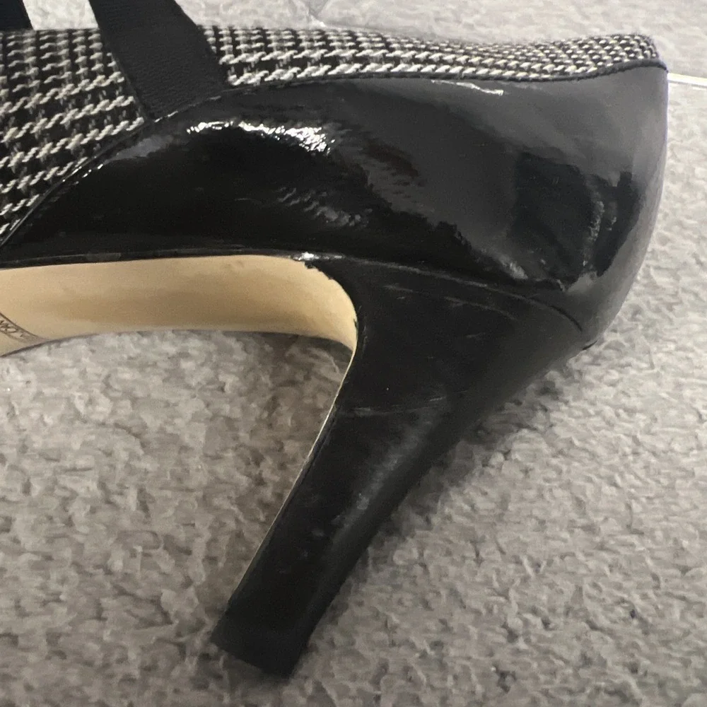 Circa Joan David Heels Women's Sz 8.5 Black‎ Patent Houndstooth T Strap Sandals
